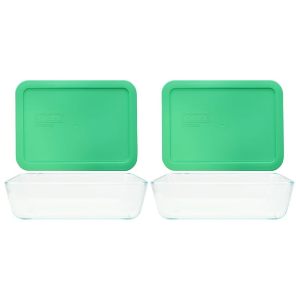 Pyrex (2) 7210 3-Cup Glass Containers and (2) 7210-PC Bright Green Lids