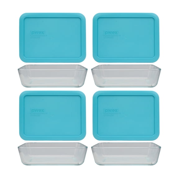 Pyrex (4) 7210 3-Cup Glass Dishes & (4) 7210-PC Surf Blue Lids