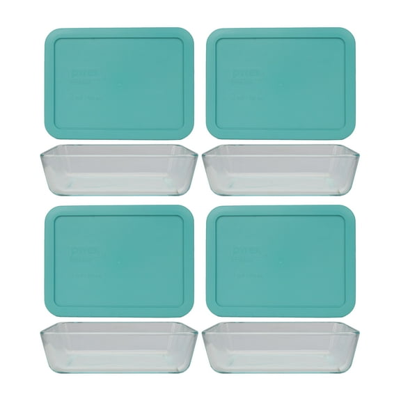 Pyrex 7210 3-Cup Glass Food Storage Dish and 7210-PC Turquoise Plastic Lid (4-Pack)