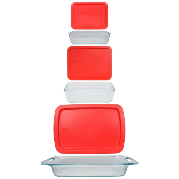 Pyrex 7210, 7211, and C-233 Glassware with 3-Cup, 6-Cup, and 3qt Red Lid
