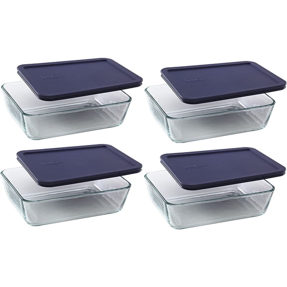Pyrex 7211 6-Cup Rectangle Glass Food Storage Dish and 7211-PC Blue Plastic Lid Cover (4-Pack)