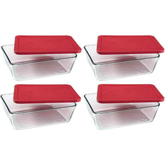 Pyrex 7211 6-Cup Rectangle Glass Food Storage Dish and 7211-PC Red Plastic Lid (4-Pack)