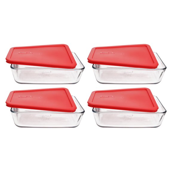 Pyrex 7211 6-Cup Glass Dishes & 7211-PC Red Lids (4-Pack)