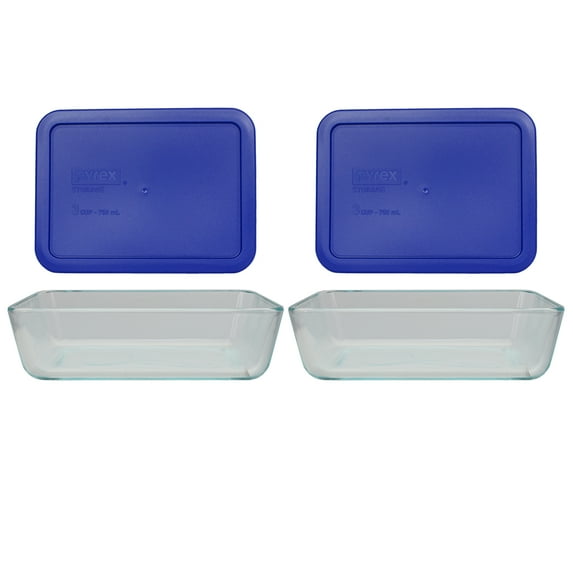 Pyrex 7211 6-Cup Rectangle Glass Food Storage Dish with 7211-PC 6-Cup Cadet Blue Lid Cover (2-Pack)