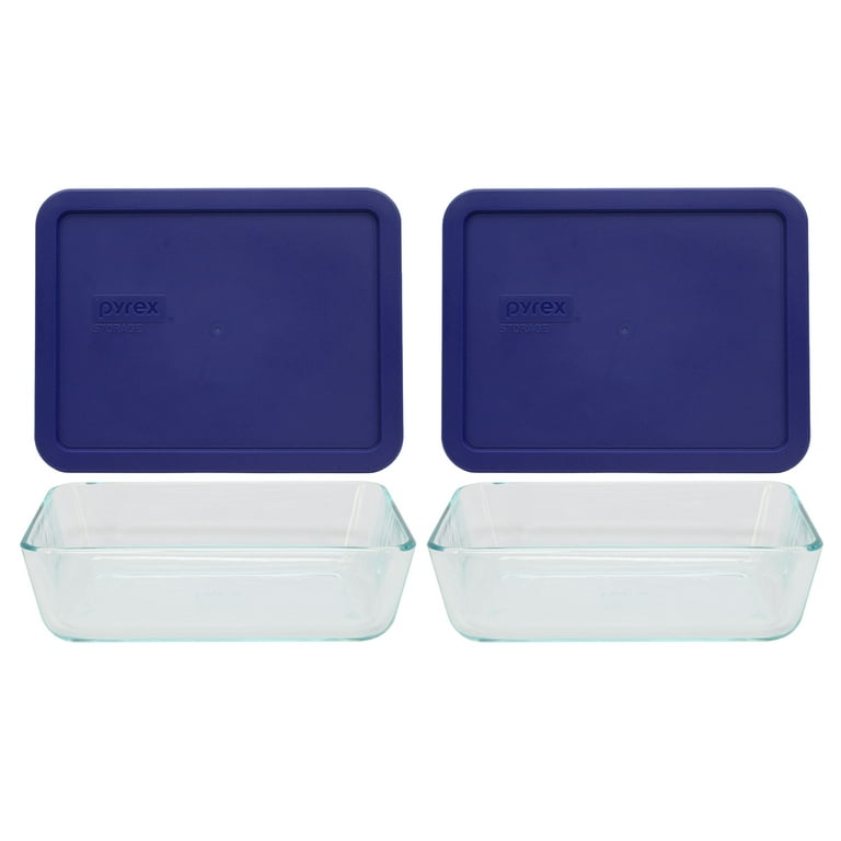 Pyrex Storage 6-Cup Rectangular Dish with Dark Blue Plastic Cover Clear Box of 4 Containers