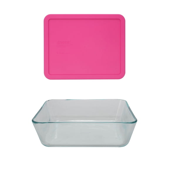 Pyrex 7212 11-Cup Rectangle Glass Food Storage Dish with 7212-PC Berry Pink Plastic Lid Cover
