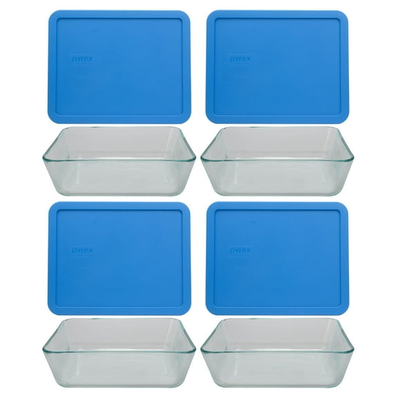 Pyrex 7212 11-Cup Rectangle Glass Food Storage Dish with 7212-PC Marine Blue Plastic Lid (4-Pack)
