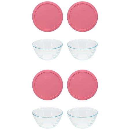 Pyrex 7402 6-Cup Sculpted Glass Mixing Bowls and 7402-PC 6/7-Cup Retro Pink Lids (4-Pack)