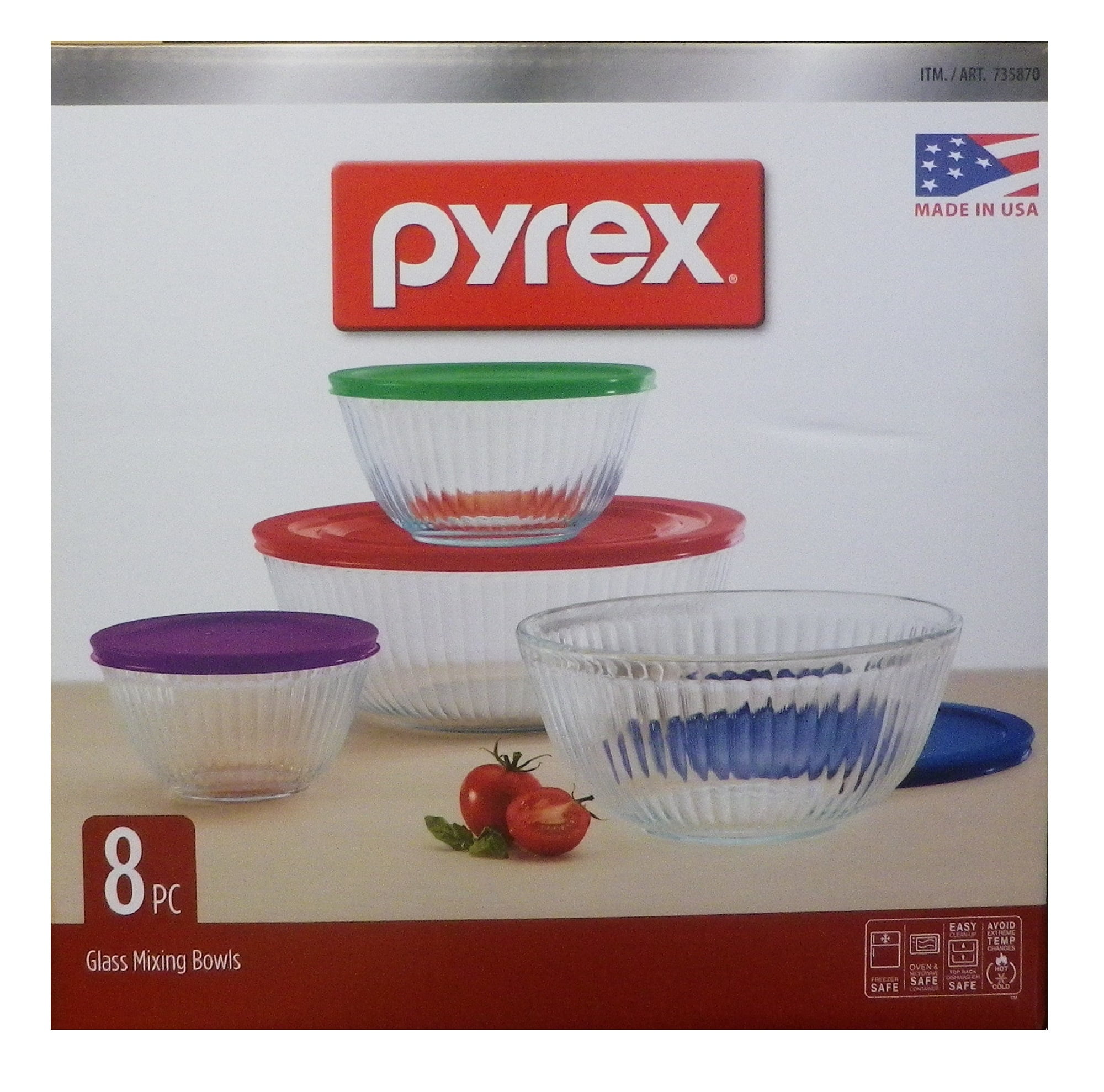Pyrex 8 Piece Ribbed Bowl (4) Set Including Assorted Colored Locking Lids  (Ribbed)