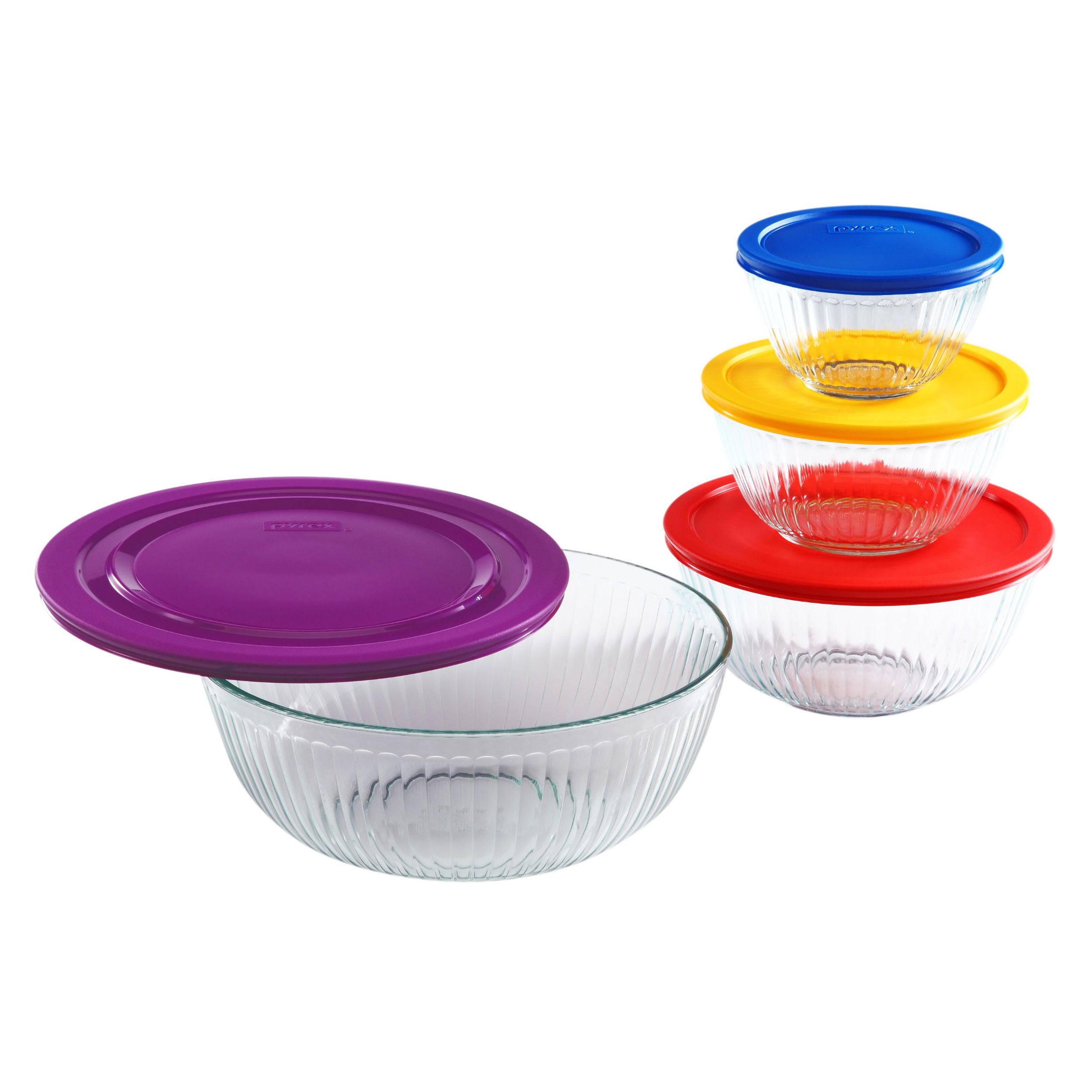  Pyrex 8 Piece Ribbed Bowl (4) Set Including Assorted Colored  Locking Lids (Ribbed) : Home & Kitchen
