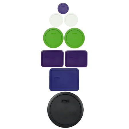 Pyrex (1) 7202-PC Plum, (2) 7200-PC White, (2) 7201-PC Lawn Green, (2) 7210-PC Plum, (1) 7211-PC Navy, (1) 7402-PC Black Lid