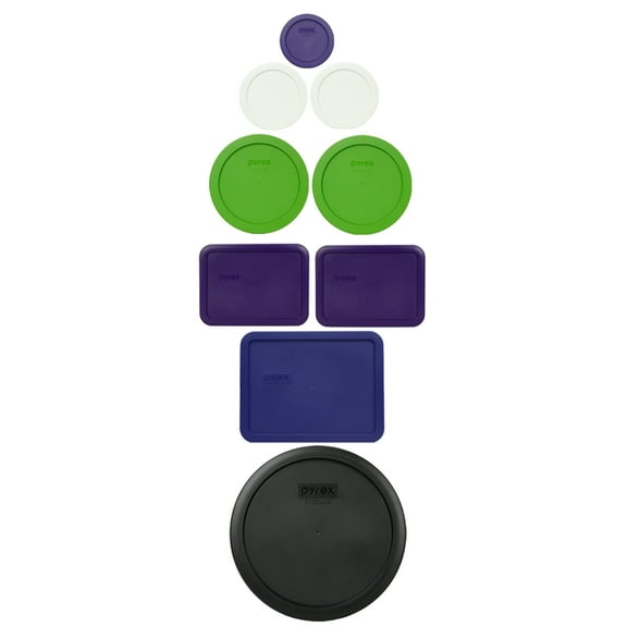 Pyrex (1) 7202-PC Plum, (2) 7200-PC White, (2) 7201-PC Lawn Green, (2) 7210-PC Plum, (1) 7211-PC Navy, (1) 7402-PC Black Lid
