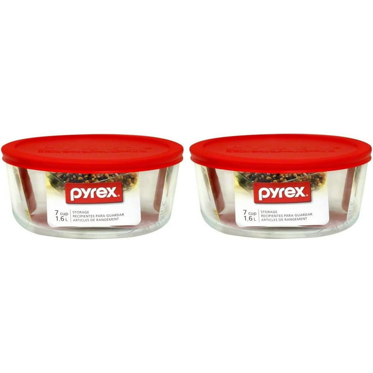 Pyrex Pack of 2 Containers, Clear, Plus 7-Cup Round Storage Dish with Red Plastic Cover