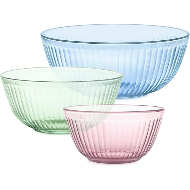 Pyrex Colors Tinted 6-PC Full Set, Small/Medium/Large Glass Mixing Bowls With Lids, Nesting Space Saving Set of Bowls For Prepping and Baking, 1.3QT, 2.3QT & 4.5QT
