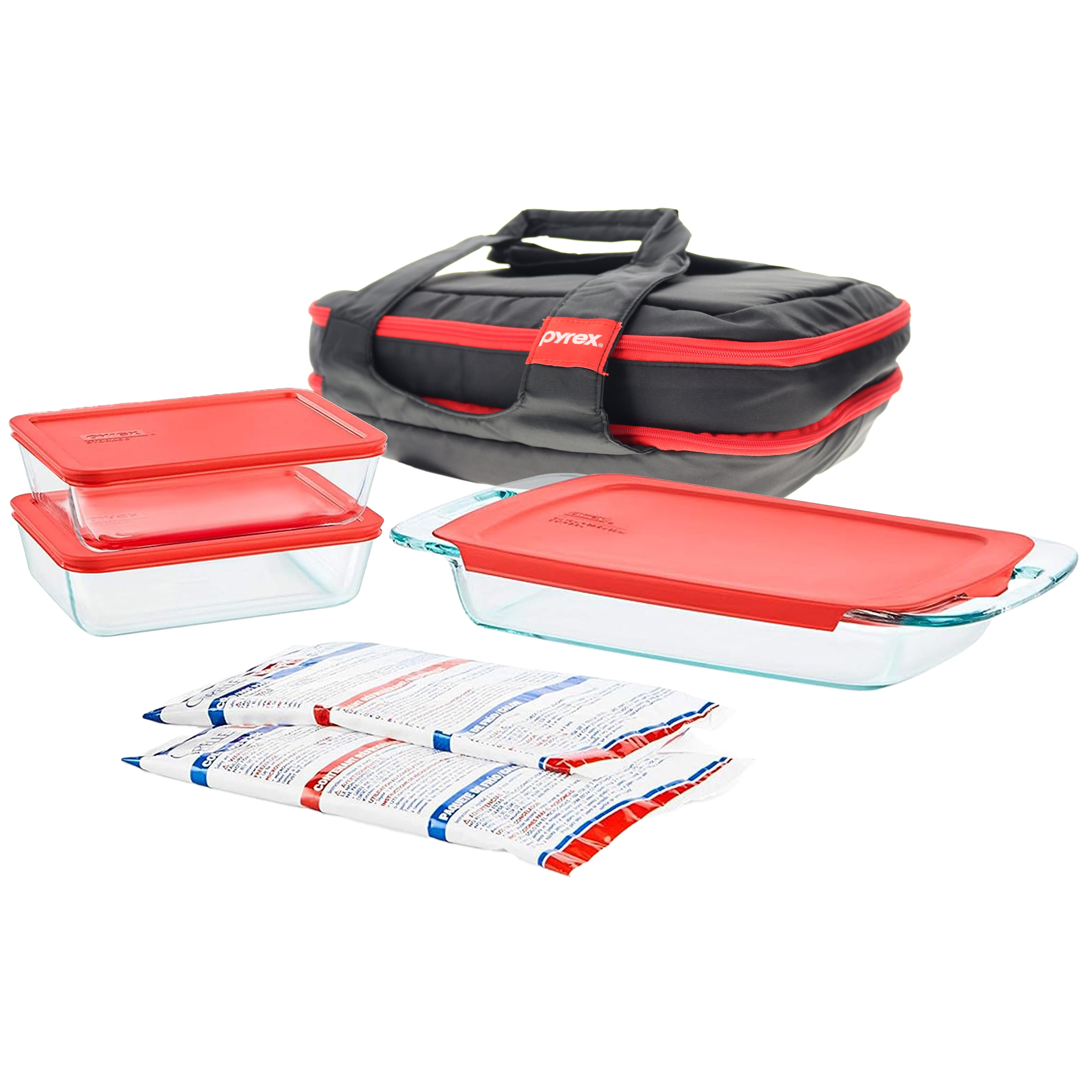 Pyrex Double Decker Tote Bundle with Glassware, Red Lids and Hot/Cold