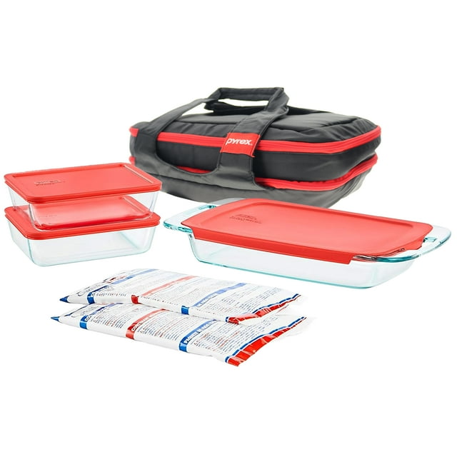 Pyrex Double Decker Tote Bundle with Glassware, Red Lids and Hot/Cold