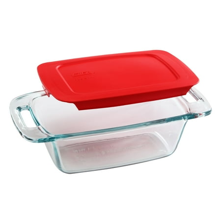 Pyrex Easy Grab 1.5 Quart Glass Loaf Dish with Red Plastic Cover