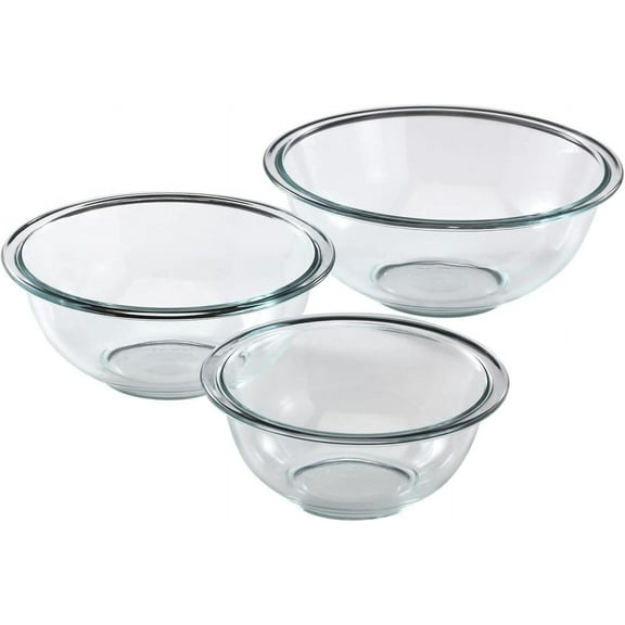 Glass mixing bowl set, preheated oven, dishwasher, freezer, and microwave safe for preparation, baking, and cooking