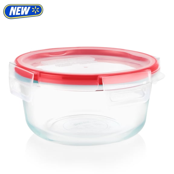 Pyrex Freshlock 4-Cup Round Glass Food Storage Container with Built-in Write + Erase Label Lid, Ideal Use for Meal Prep and Batch Cooking
