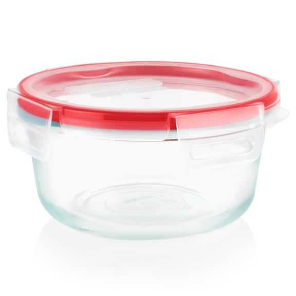 Pyrex Freshlock 4-Cup Round Glass Food Storage Container with Built-in Write + Erase Label Lid, Ideal Use for Meal Prep and Batch Cooking