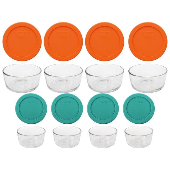 Pyrex (4) 7202 1-Cup and (4) 7200 2-Cup Glass Bowls with (4) 7202-PC Green and (4) 7200-PC Orange Lids