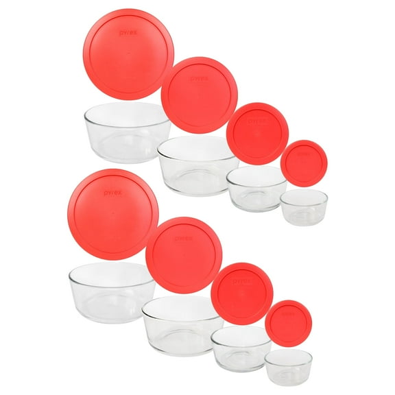 Pyrex Food Storage Set: (2) 7202 1-Cup, (2) 7200 2-Cup, (2) 7201 4-Cup, & (2) 7203 7-Cup Glass Bowls with (2) 7202-PC, (2) 7200-PC, (2) 7201-PC, & (2) 7402-PC Red Lids