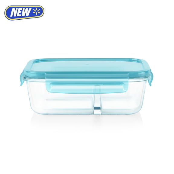 Pyrex MealBox 4-cup Divided Glass Food Storage Container with Turquoise Lid, Best Used for Leftover Storage and Reheating
