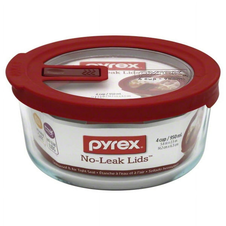 Pyrex No-Leak Clear 4 Cup Round Storage Container, 4 Piece