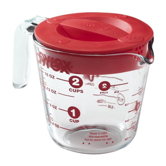 Pyrex Prepware 2 Cup Measuring Cup with Red Plastic Cover in Clear