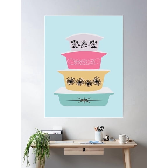Pyrex Pretties Retro Kitchen Inspired Modern Wall Art, Unframed Paper Poster 8x10in