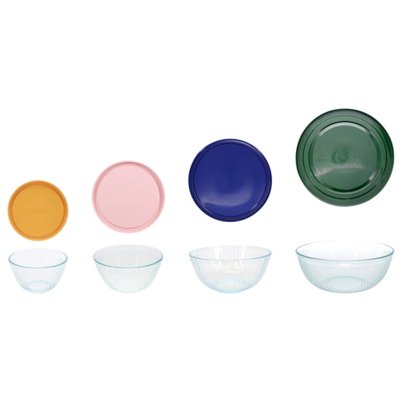 Pyrex Sculpted Glass Bowl Set: 7401, 7401-PC Lemon Drop Yellow, 7402, 7402-PC Loring Pink, 7403, 7403-PC Navy Blue, 7404 & 7404-PC Thyme Green Lid