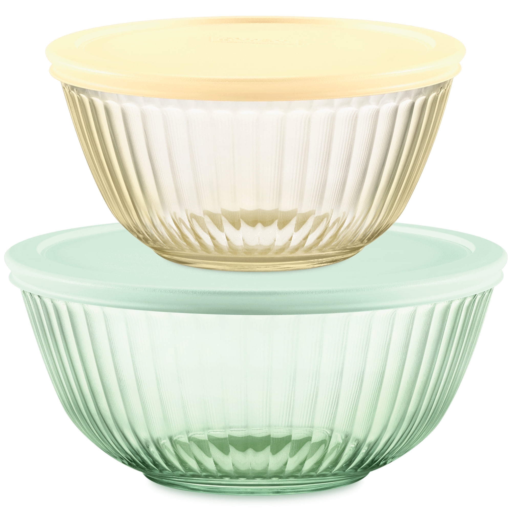 Pyrex Sculpted Tinted 4-Piece Glass Mixing Bowl Set with Airtight Plastic Lids, 1.3qt Amber/2.3qt Green - Walmart.com