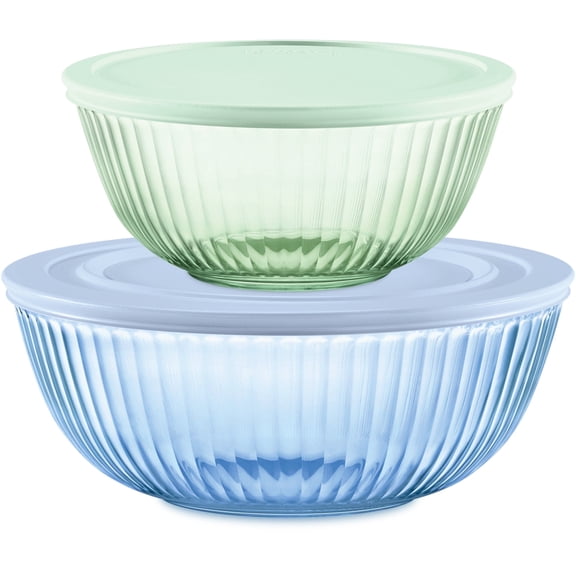 Pyrex Sculpted Tinted 4-Piece Glass Mixing Bowl Set with Airtight Plastic Lids, 2.3qt Green/4.5qt Blue