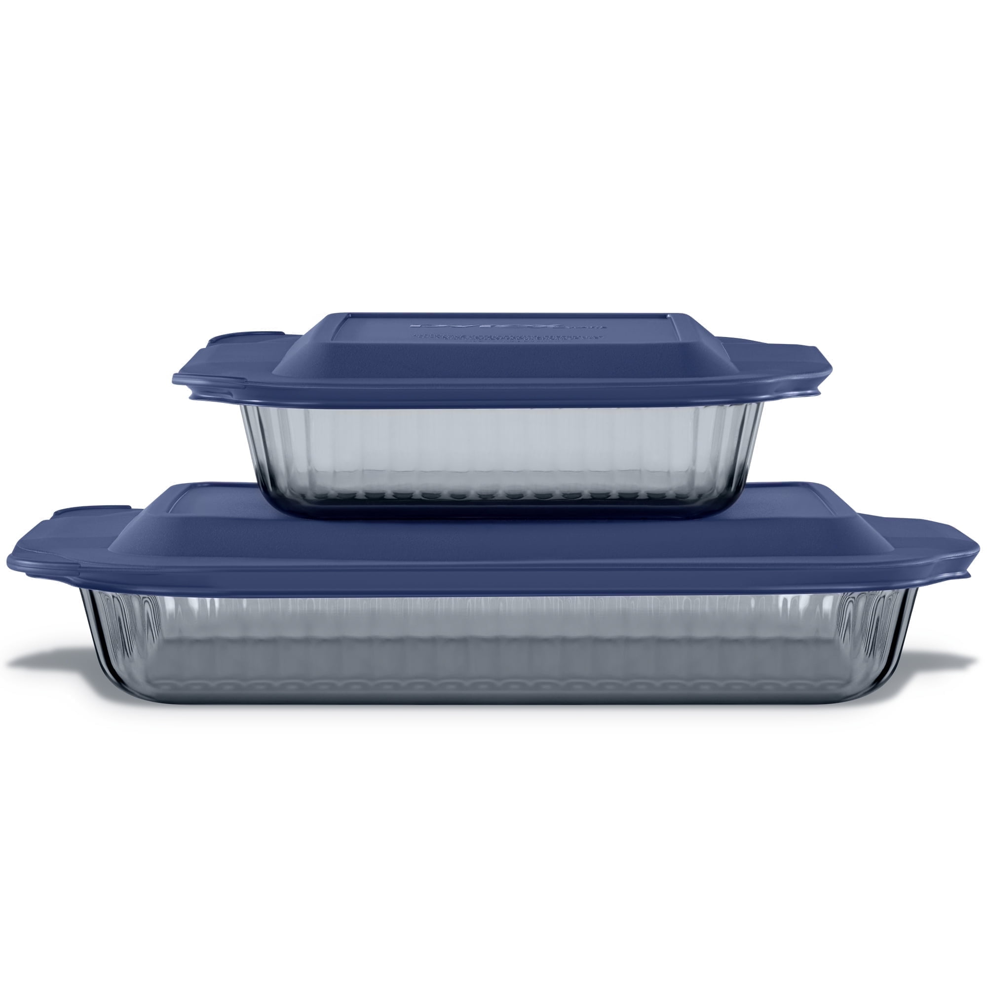 Pyrex Sculpted Tinted 4-Piece Rectangle Glass Baking Dish Set with 2qt/3qt Containers and Airtight Lids, Smoke