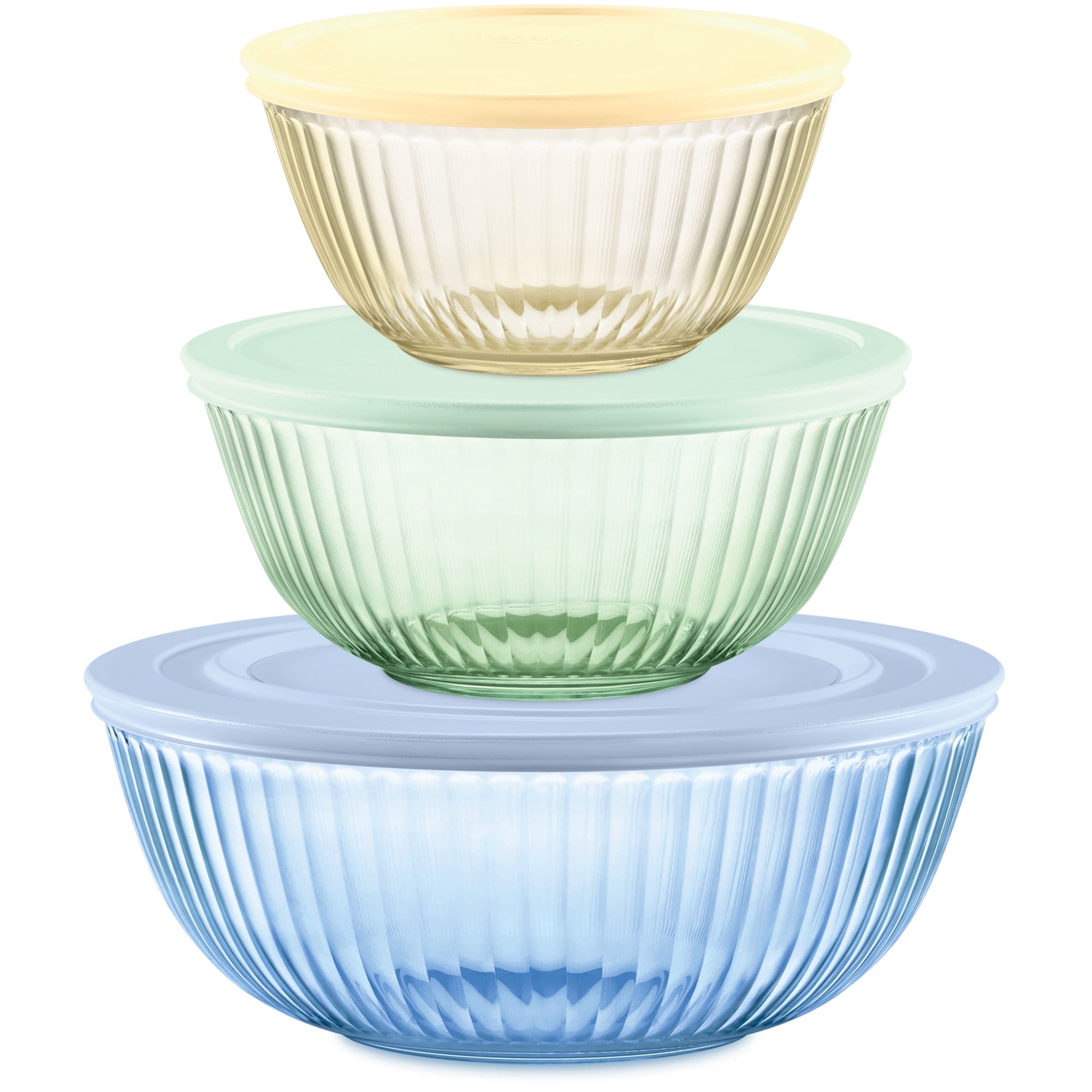 Pyrex Glass Mixing Bowl Set with Airtight Lids, 1.3qt Amber, 2.3qt