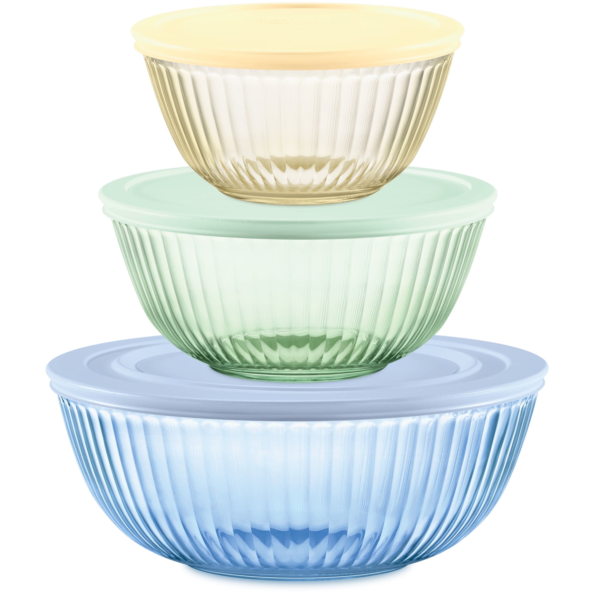 Tinted Glass Ridged Mixing Bowl Set with Lids, 6-Piece