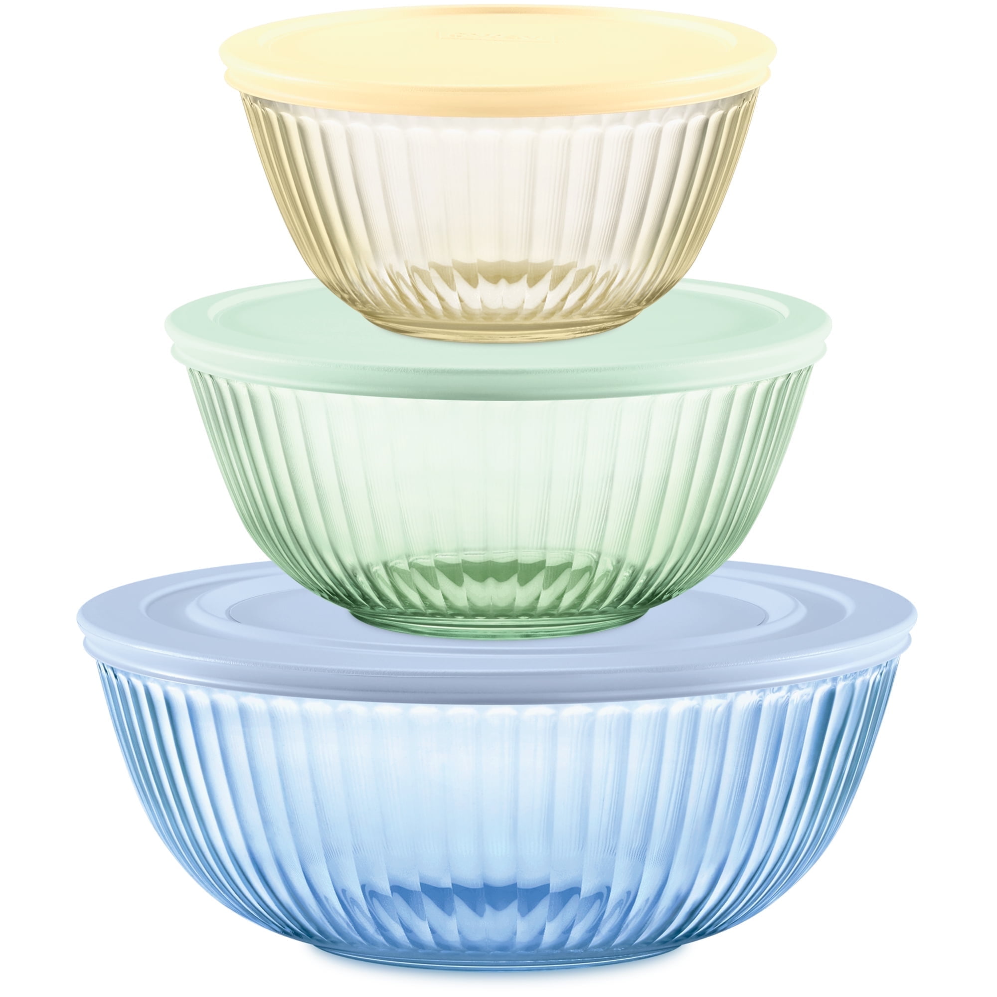 Pyrex Sculpted Tinted 6-Piece Glass Mixing Bowl Set with Airtight Plastic Lids, 1.3qt Amber/2.3qt Green/4.5qt Blue Pyrex Sculpted Tinted 6-Piece Glass Mixing Bowl Set with Airtight Plastic Lids, 1.3qt Amber/2.3qt Green/4.5qt Blue