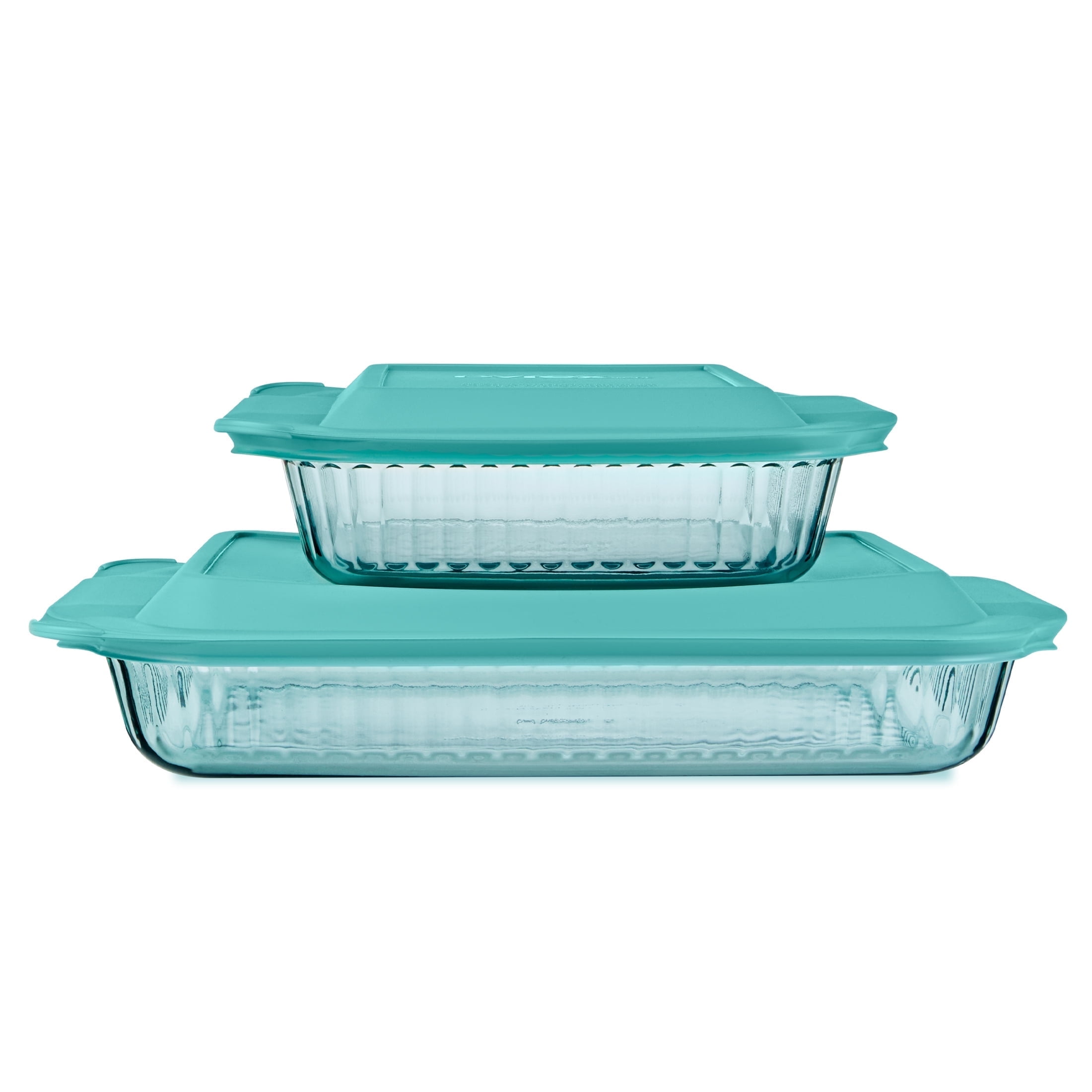 Pyrex Sculpted Tinted Glass 3QT/9x13" Rectangle + 2QT/8" Square Baking Dishes, 4-pc Set, Aqua
