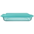 thumbnail image 1 of Pyrex Sculpted Tinted Glass 3QT Oblong Baking Dish with Lid, Aqua, 1 of 8