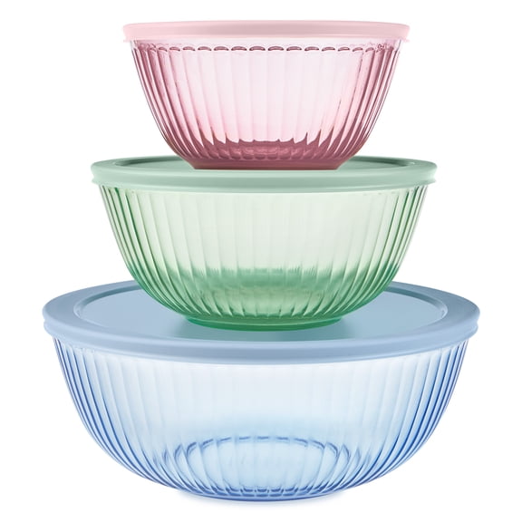 Pyrex Sculpted Tinted Glass Mixing Bowls with Lids, 6-pc Set, Mixed Colors