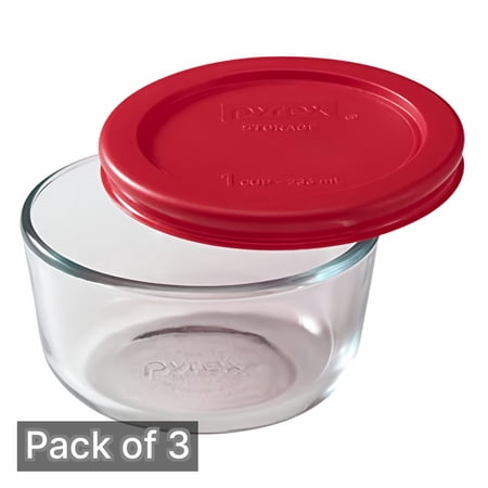 Pyrex Simply Store 1-Cup Round Glass Storage Dish with Red Plastic Cover (Pack of 3)