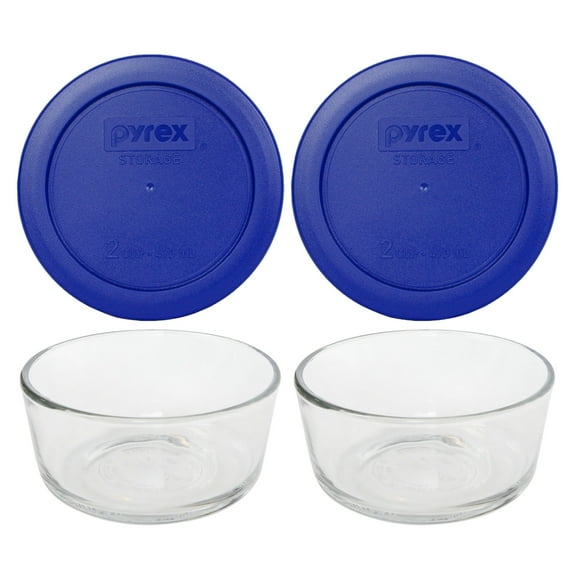 Pyrex Simply Store 7200 2-Cup Glass Storage Bowl and 7200-PC Cadet Blue Plastic Lid Cover (2-Pack)
