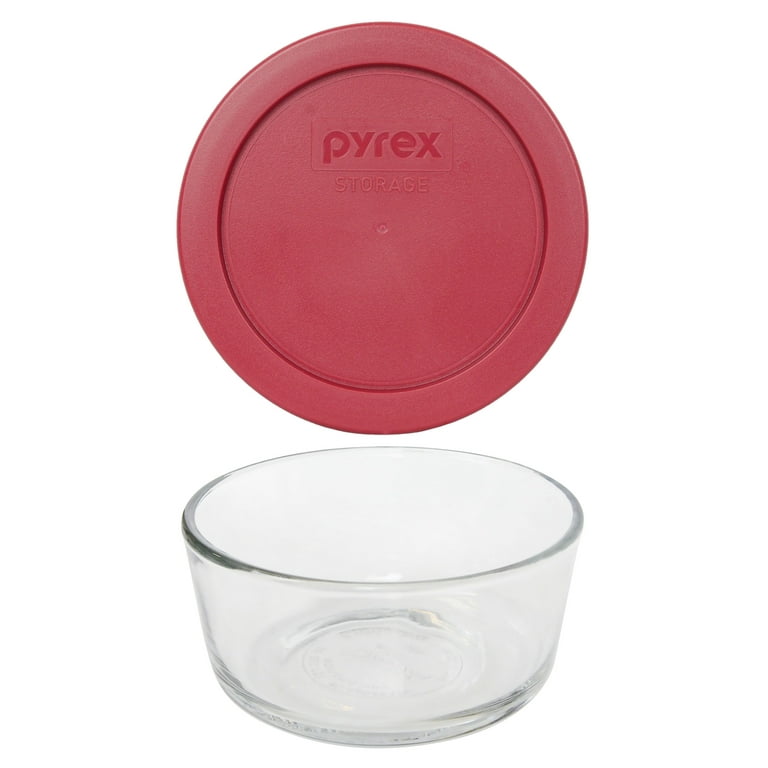 Pyrex (2) 7200 2 Cup Glass Bowls and (2) 7200-PC Red Food Storage Lids - Made in USA