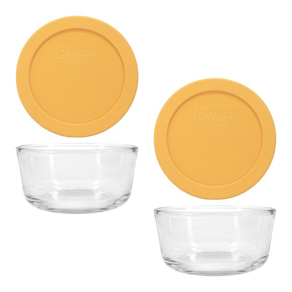 Pyrex 7200 2 Cup Glass Bowl & Butter Yellow Replacement Lids (2-Pack)