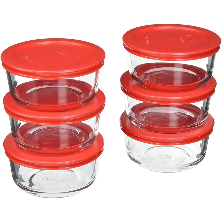 Pyrex (2) 7200 2 Cup Glass Bowls and (2) 7200-PC Red Food Storage Lids - Made in USA