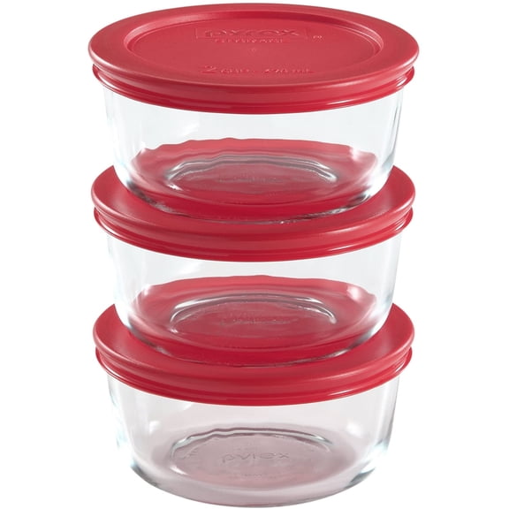 Pyrex Simply Store 7200 2-Cup Glass Storage Bowls and 7200-PC Red Plastic Lid Covers