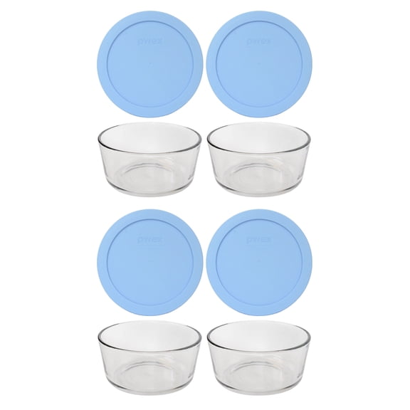 Pyrex Simply Store 7201 4-Cup Glass Storage Bowl w/ 7201-PC 4-Cup Blue Cornflower Lid Cover (4-Pack)