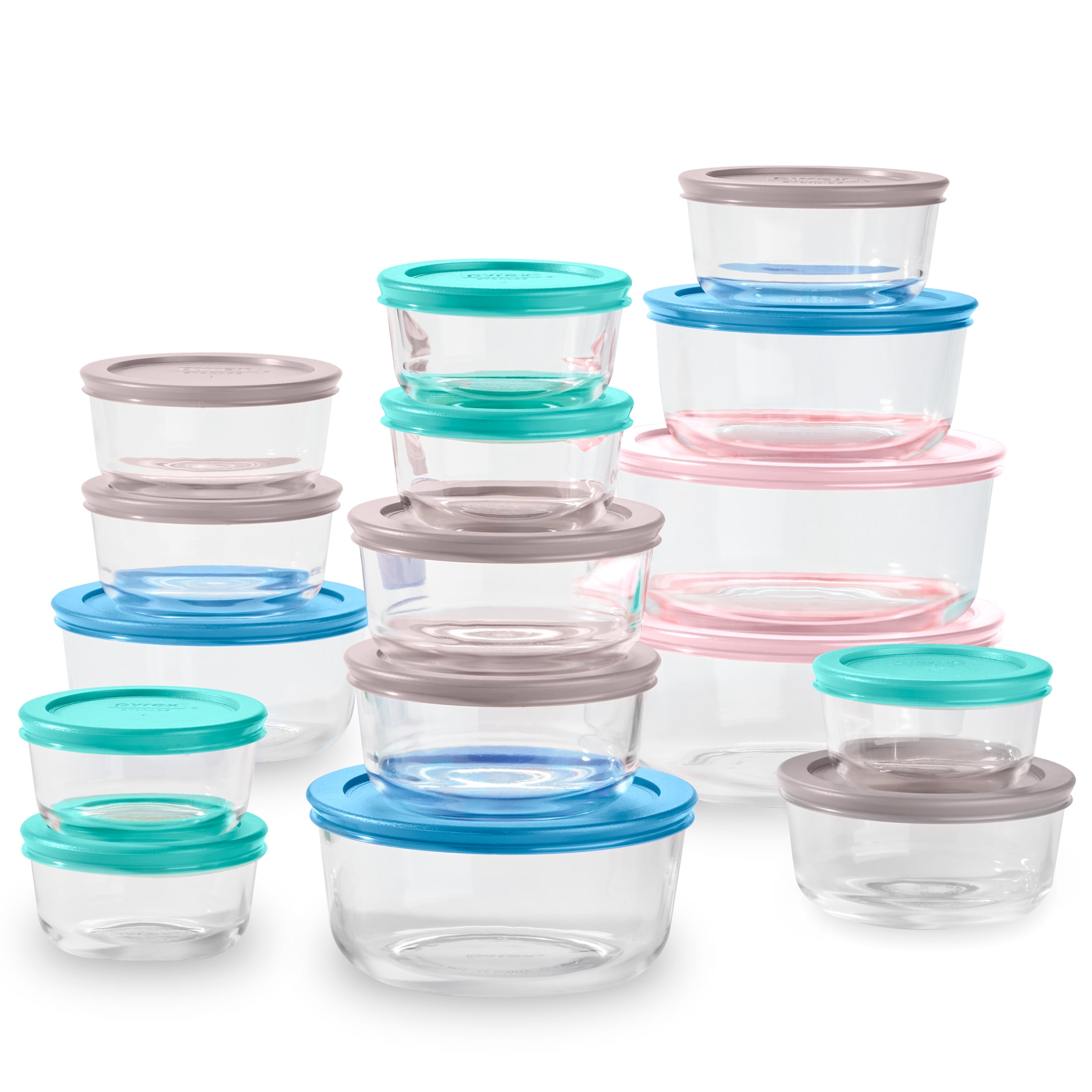 Pyrex Simply Store Glass Food Storage & Bake Container Set, 32 Piece with Multicolor Lids