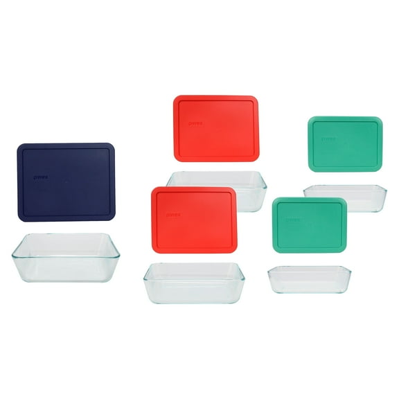 Pyrex Food Storage Set: (2) 7210 3-Cup, (2) 7211 6-Cup, & (1) 7212 11-Cup Glass Dishes with (2) 7210-PC Light Green, (2) 7211-PC Red, & (1) 7212-PC Blue Lids