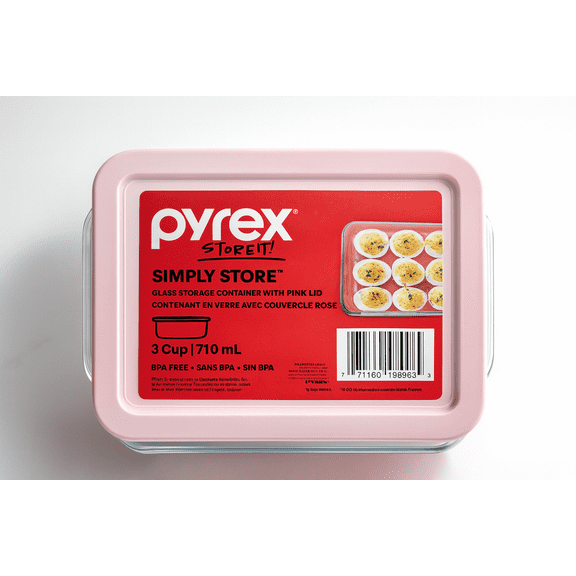 Pyrex Simply Store Plus Pink Glass Rectangular 3-Cup Food Storage Container 7.5x5.5x 1.8 in